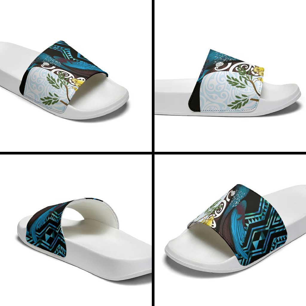 New Zealand Silver Fern Tui Bird Slide Sandals Maori Kowhai Paua Shell Taniko Motifs LT14 - Polynesian Pride