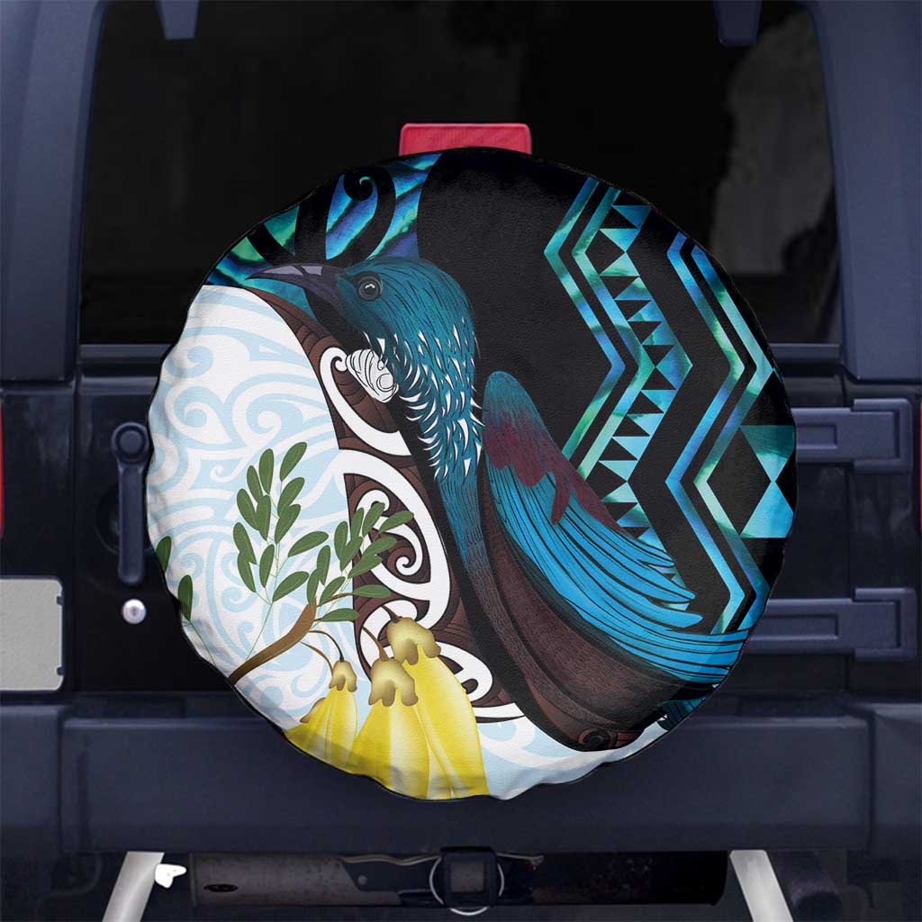 New Zealand Silver Fern Tui Bird Spare Tire Cover Maori Kowhai Paua Shell Taniko Motifs LT14 No hole Turquoise - Polynesian Pride