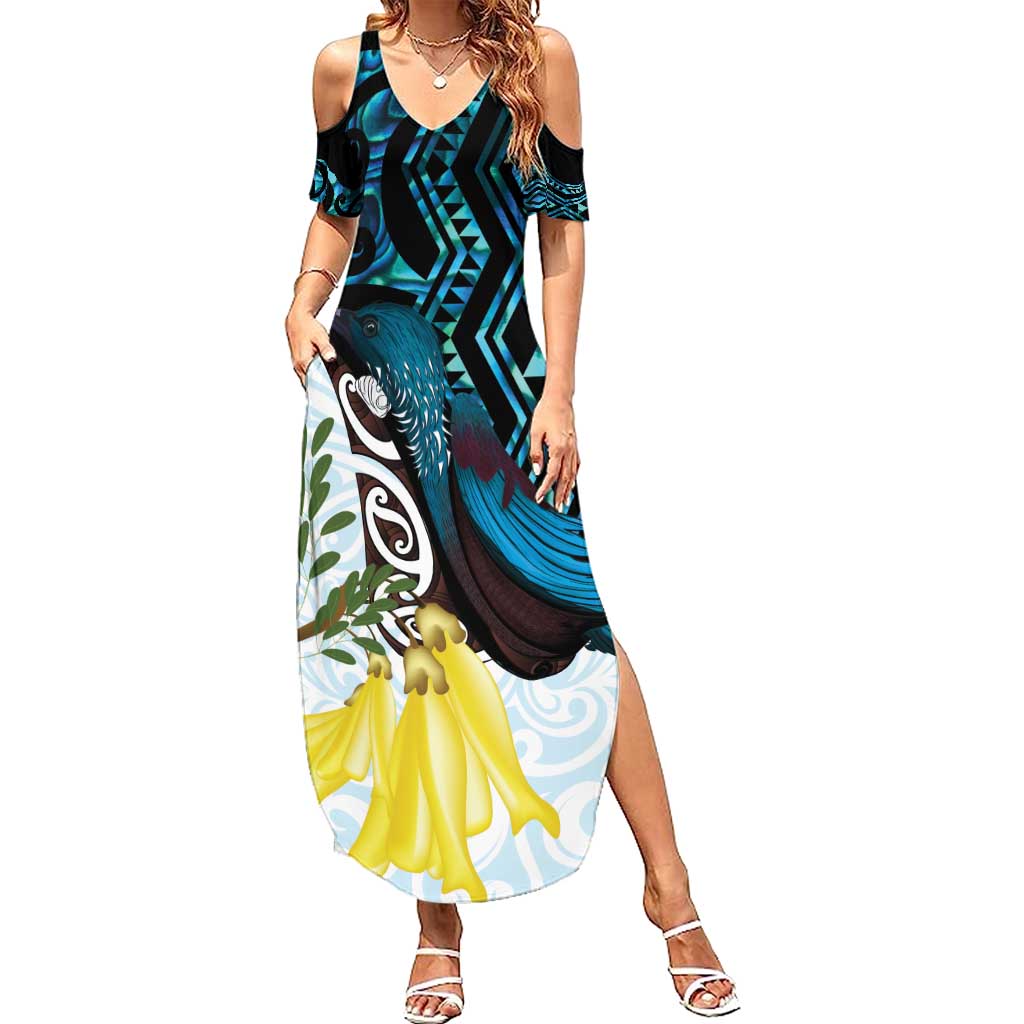 New Zealand Silver Fern Tui Bird Summer Maxi Dress Maori Kowhai Paua Shell Taniko Motifs LT14 Women Turquoise - Polynesian Pride