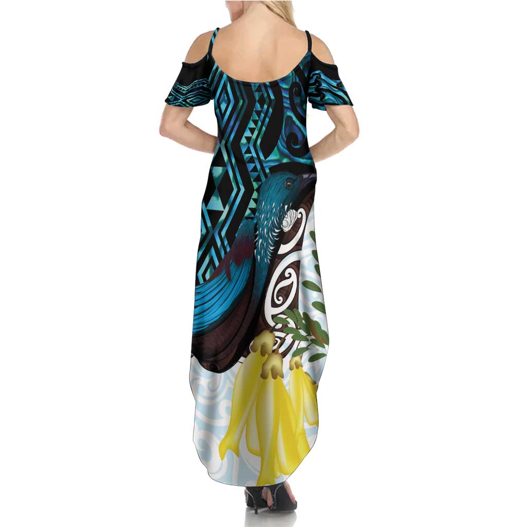 New Zealand Silver Fern Tui Bird Summer Maxi Dress Maori Kowhai Paua Shell Taniko Motifs LT14 - Polynesian Pride