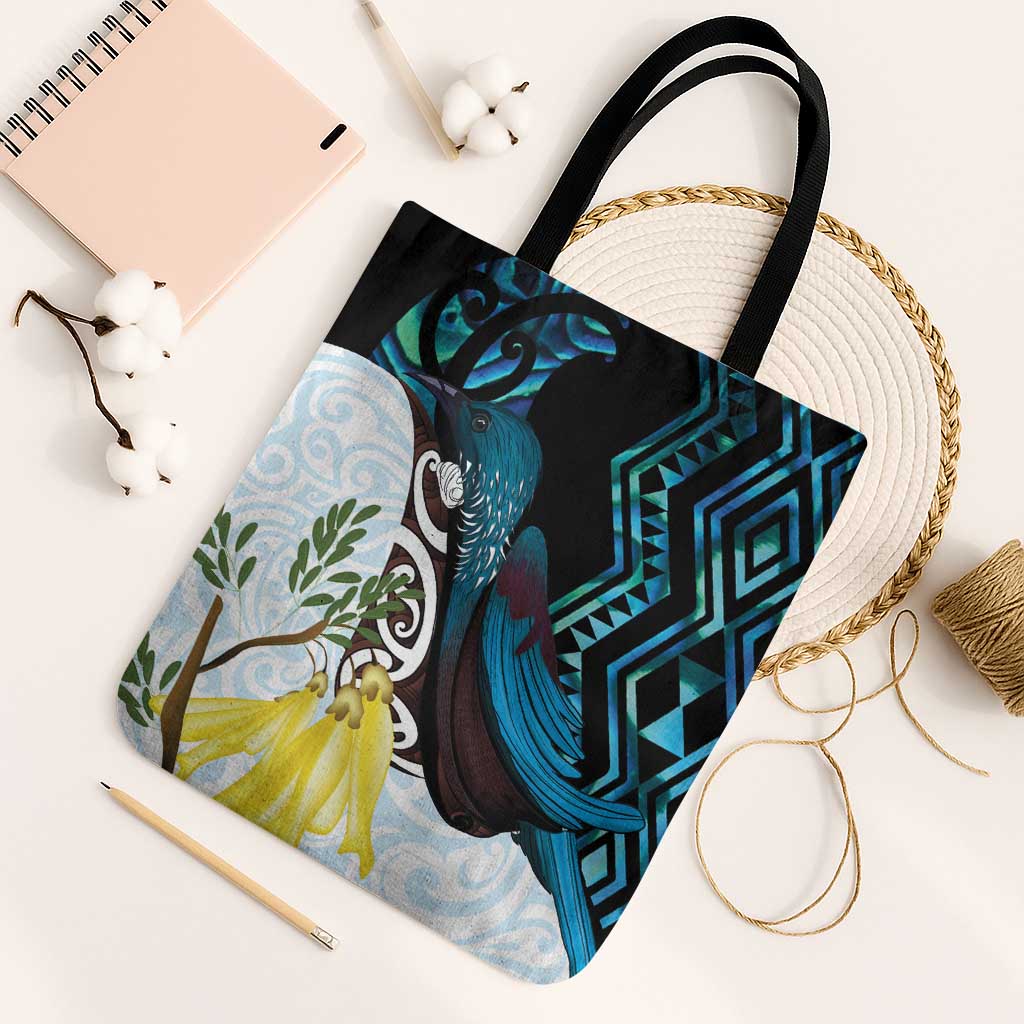 New Zealand Silver Fern Tui Bird Tote Bag Maori Kowhai Paua Shell Taniko Motifs LT14 Black Strap One Size Turquoise - Polynesian Pride