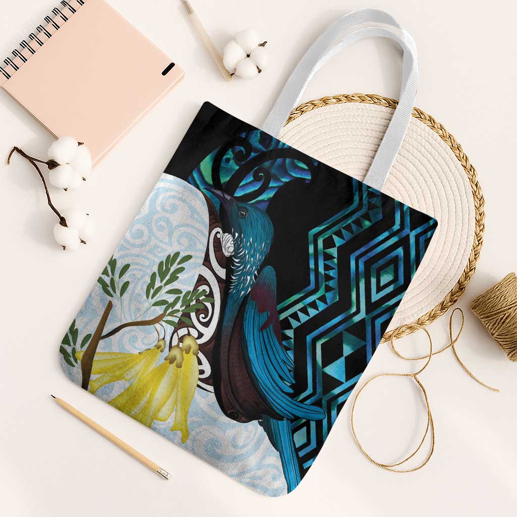 New Zealand Silver Fern Tui Bird Tote Bag Maori Kowhai Paua Shell Taniko Motifs LT14 White Strap One Size Turquoise - Polynesian Pride