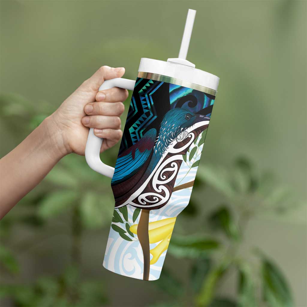 New Zealand Silver Fern Tui Bird Tumbler With Handle Maori Kowhai Paua Shell Taniko Motifs LT14 - Polynesian Pride
