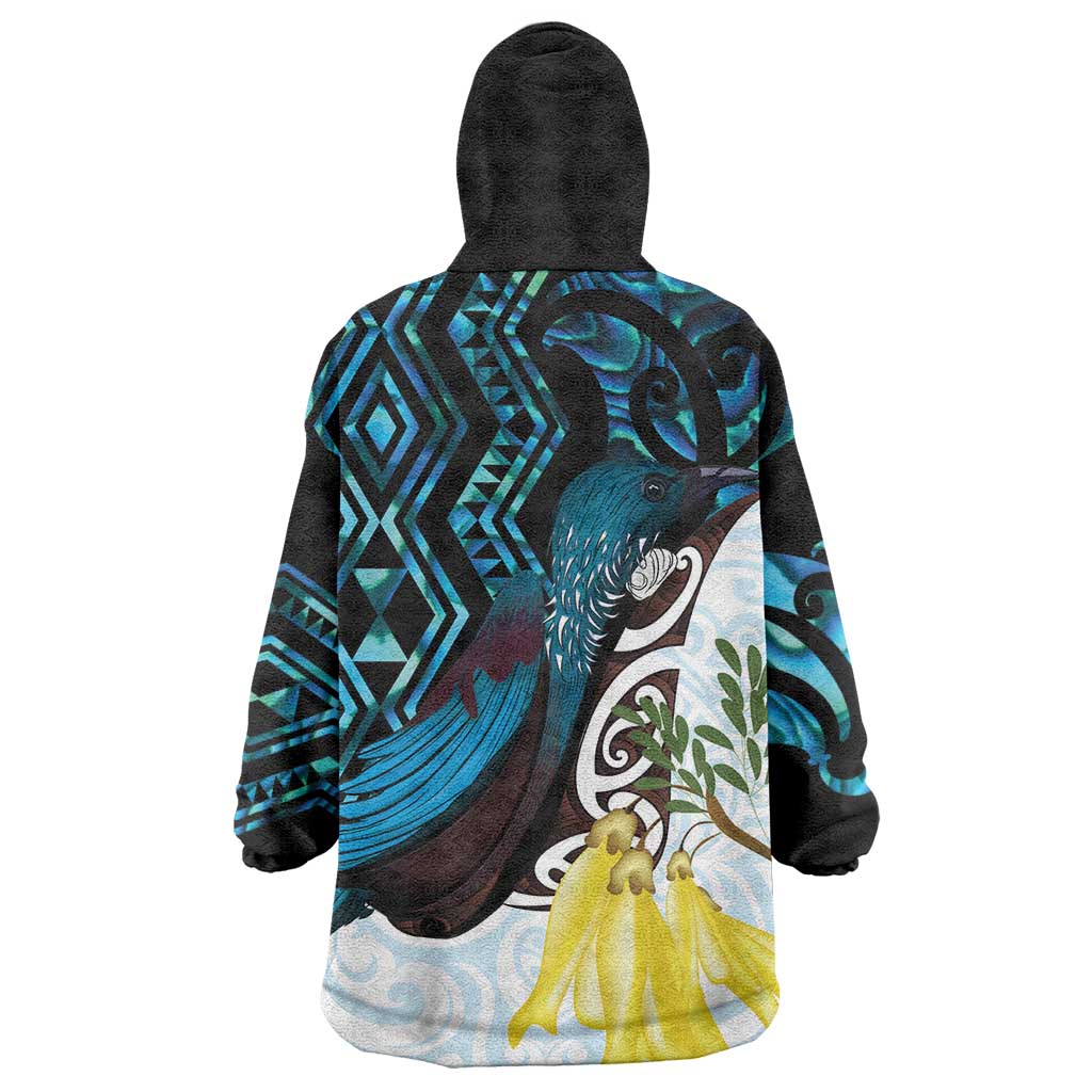 New Zealand Silver Fern Tui Bird Wearable Blanket Hoodie Maori Kowhai Paua Shell Taniko Motifs LT14 - Polynesian Pride