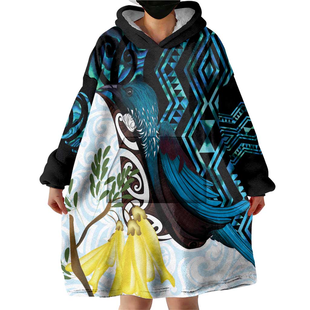 New Zealand Silver Fern Tui Bird Wearable Blanket Hoodie Maori Kowhai Paua Shell Taniko Motifs LT14 - Polynesian Pride