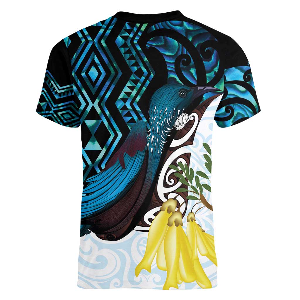 New Zealand Silver Fern Tui Bird Women V-Neck T-Shirt Maori Kowhai Paua Shell Taniko Motifs