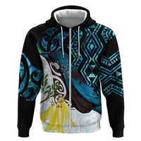 New Zealand Silver Fern Tui Bird Zip Hoodie Maori Kowhai Paua Shell Taniko Motifs LT14 Zip Hoodie Turquoise - Polynesian Pride