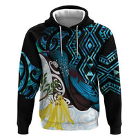 New Zealand Silver Fern Tui Bird Zip Hoodie Maori Kowhai Paua Shell Taniko Motifs LT14 Pullover Hoodie Turquoise - Polynesian Pride