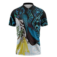 New Zealand Silver Fern Tui Bird Zipper Polo Shirt Maori Kowhai Paua Shell Taniko Motifs LT14 Turquoise - Polynesian Pride