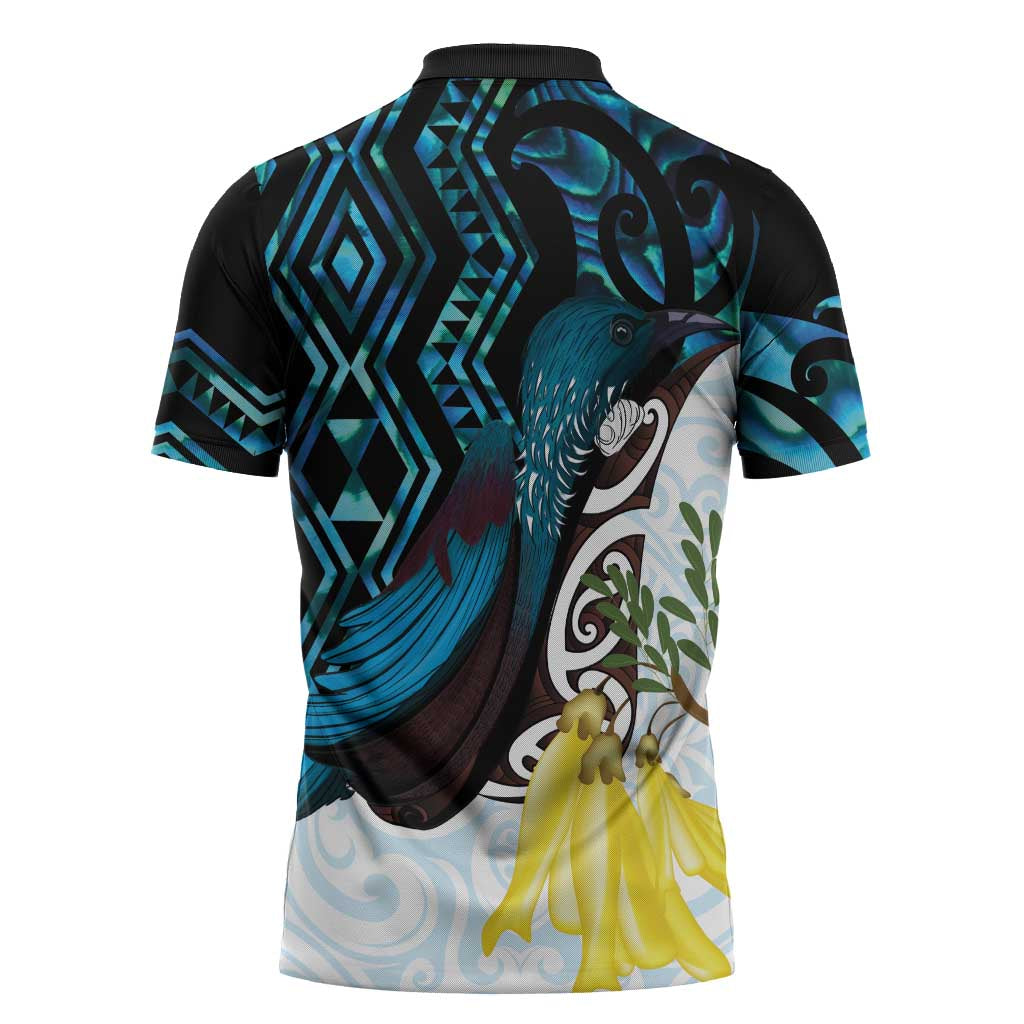 New Zealand Silver Fern Tui Bird Zipper Polo Shirt Maori Kowhai Paua Shell Taniko Motifs LT14 - Polynesian Pride