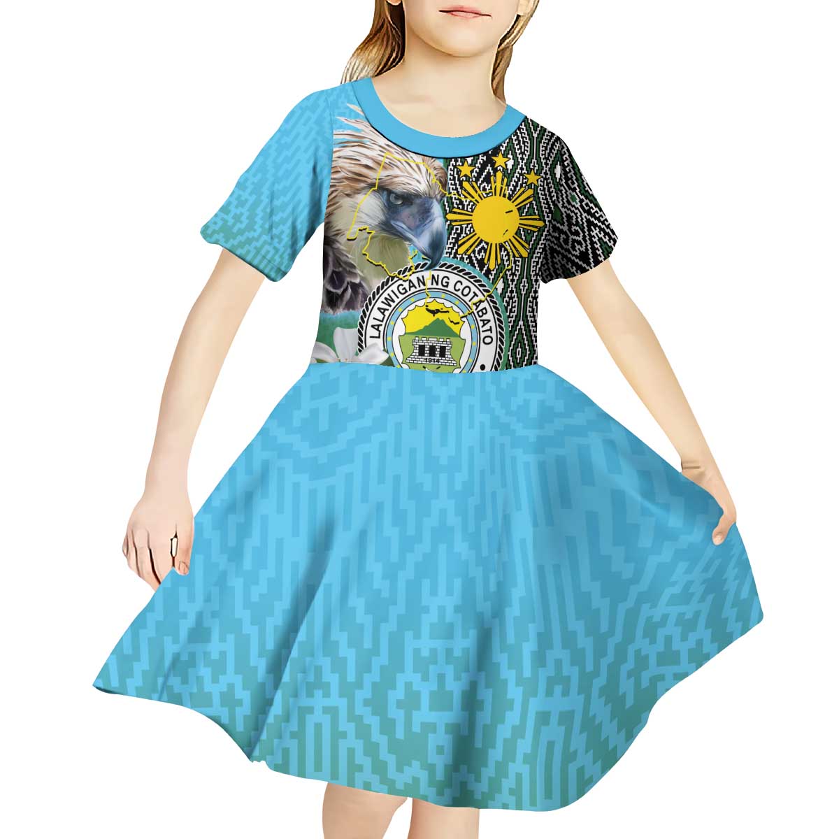 Cotabato Philippines Province Kid Short Sleeve Dress Filipino Eagle Sampaguita Tinalak Pattern