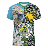 Cotabato Philippines Province Women V-Neck T-Shirt Filipino Eagle Sampaguita Tinalak Pattern