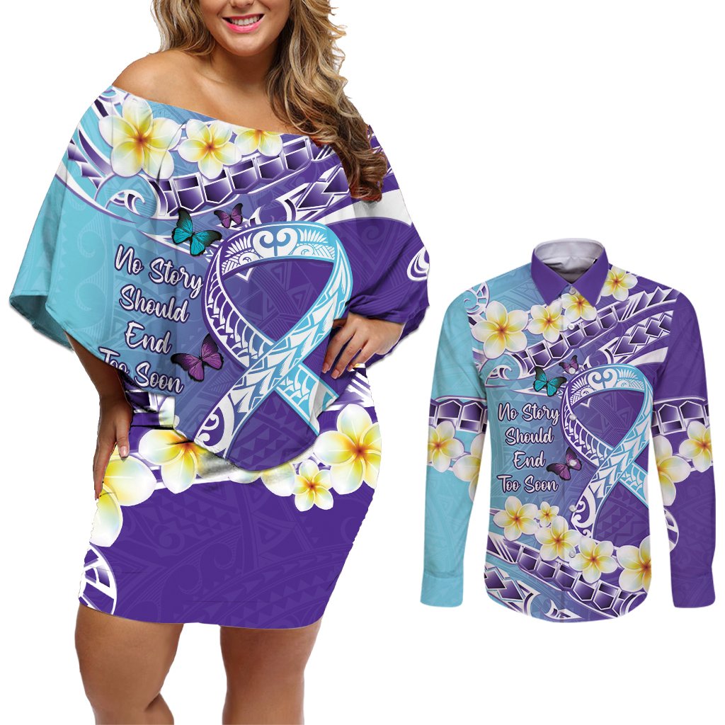 No Story Should End Too Soon Suicide Awareness Couples Matching Off Shoulder Short Dress and Long Sleeve Button Shirt Purple And Teal Polynesian Ribbon LT14 Purple - Polynesian Pride