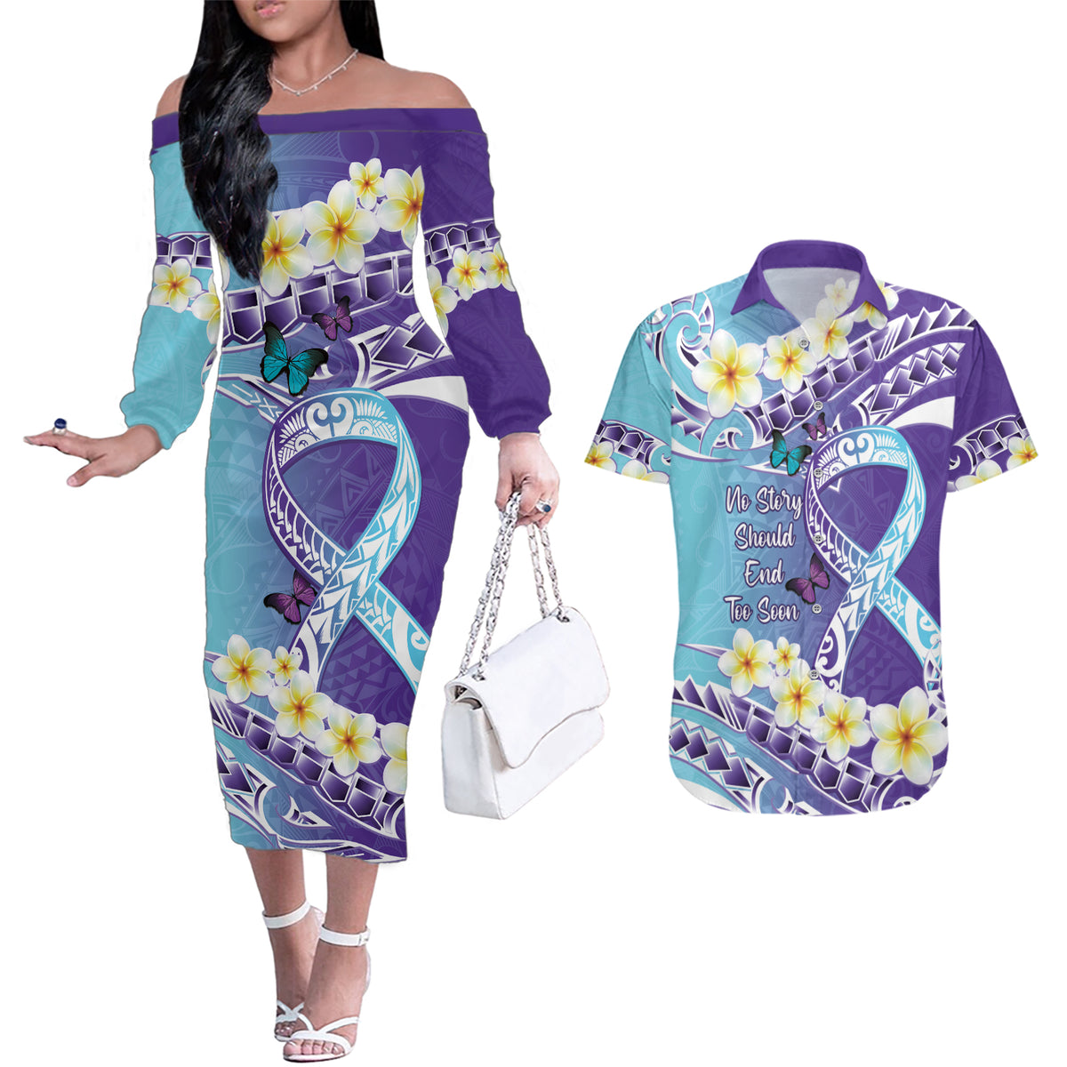 No Story Should End Too Soon Suicide Awareness Couples Matching Off The Shoulder Long Sleeve Dress and Hawaiian Shirt Purple And Teal Polynesian Ribbon LT14 Purple - Polynesian Pride