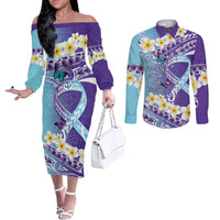 No Story Should End Too Soon Suicide Awareness Couples Matching Off The Shoulder Long Sleeve Dress and Long Sleeve Button Shirt Purple And Teal Polynesian Ribbon LT14 Purple - Polynesian Pride
