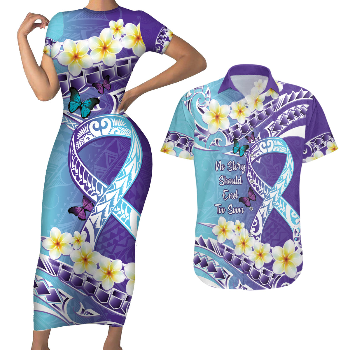 No Story Should End Too Soon Suicide Awareness Couples Matching Short Sleeve Bodycon Dress and Hawaiian Shirt Purple And Teal Polynesian Ribbon LT14 Purple - Polynesian Pride