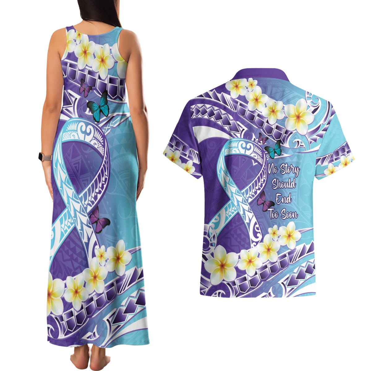 No Story Should End Too Soon Suicide Awareness Couples Matching Tank Maxi Dress and Hawaiian Shirt Purple And Teal Polynesian Ribbon LT14 - Polynesian Pride
