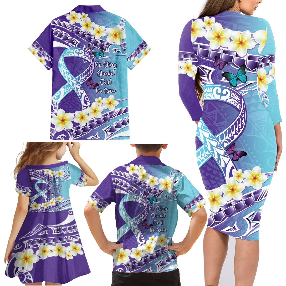 No Story Should End Too Soon Suicide Awareness Family Matching Long Sleeve Bodycon Dress and Hawaiian Shirt Purple And Teal Polynesian Ribbon LT14 - Polynesian Pride