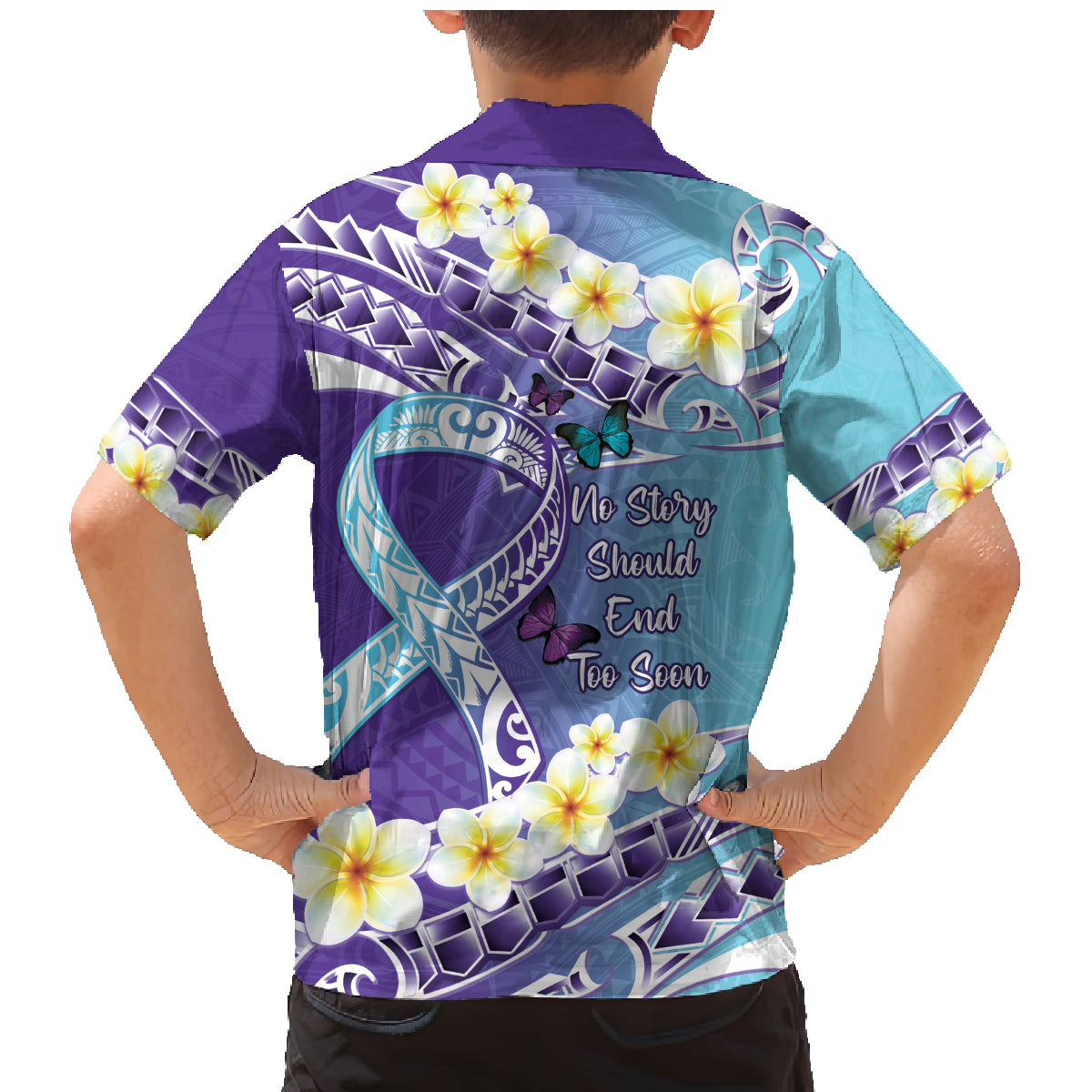 No Story Should End Too Soon Suicide Awareness Family Matching Mermaid Dress and Hawaiian Shirt Purple And Teal Polynesian Ribbon LT14 - Polynesian Pride