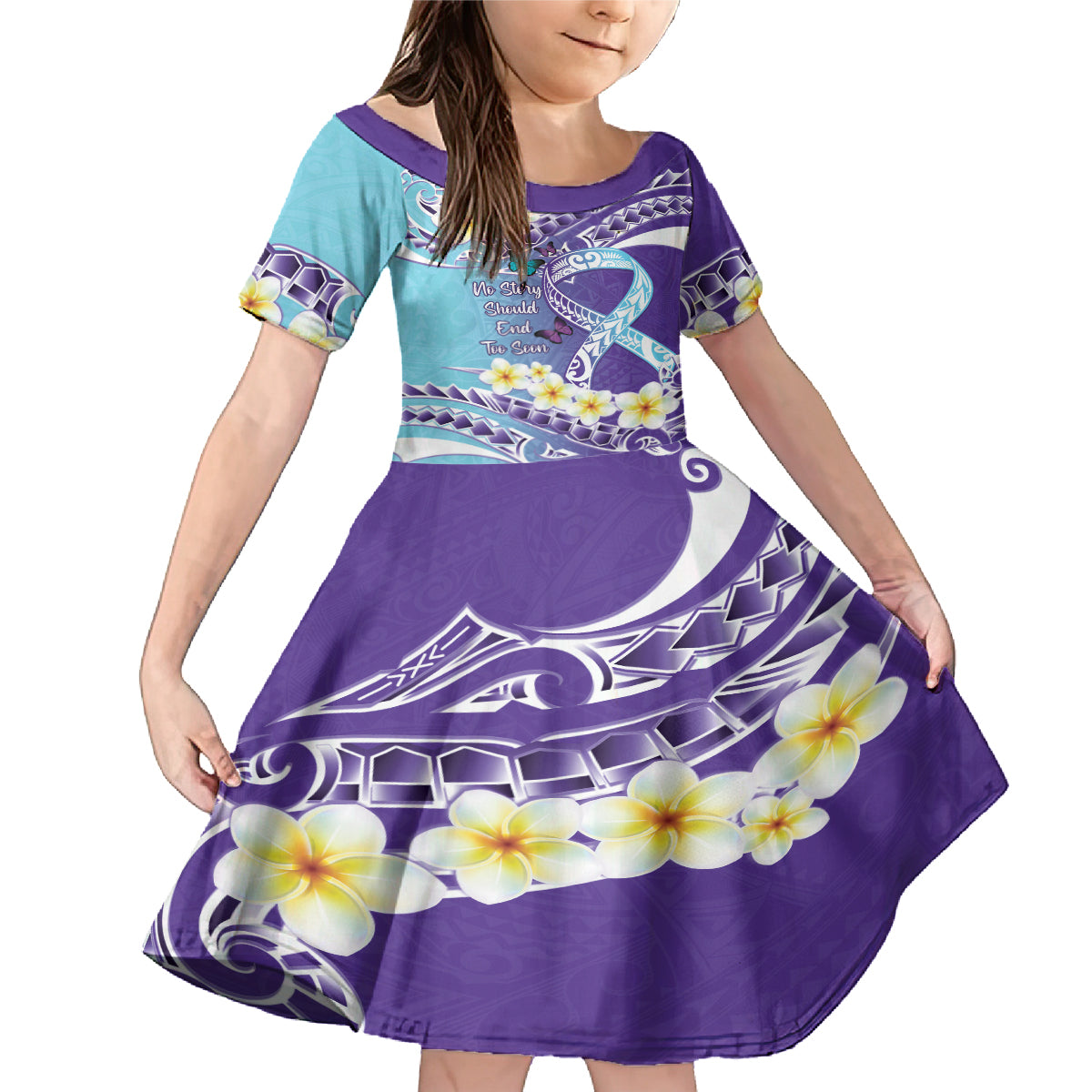 No Story Should End Too Soon Suicide Awareness Family Matching Mermaid Dress and Hawaiian Shirt Purple And Teal Polynesian Ribbon LT14 Daughter's Dress Purple - Polynesian Pride