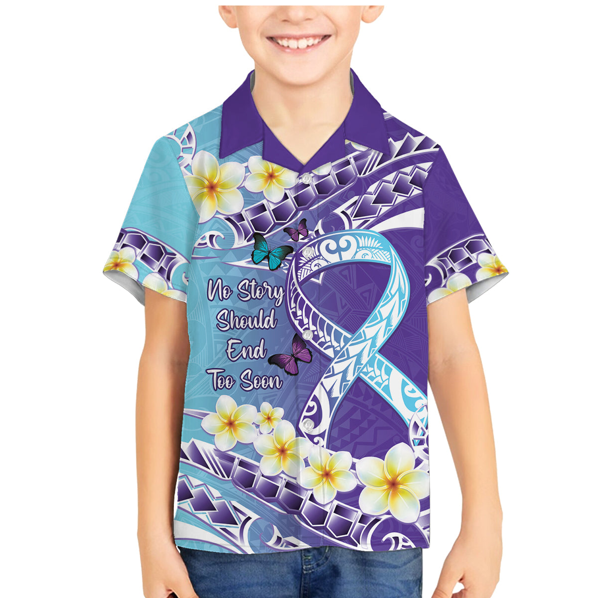 No Story Should End Too Soon Suicide Awareness Family Matching Mermaid Dress and Hawaiian Shirt Purple And Teal Polynesian Ribbon LT14 Son's Shirt Purple - Polynesian Pride