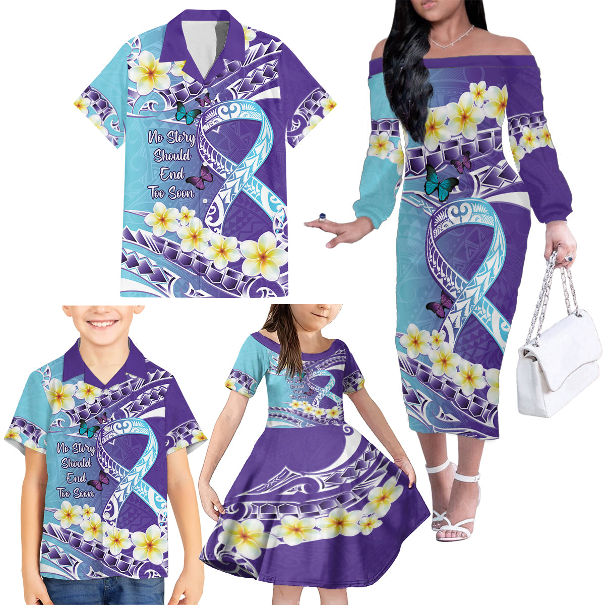No Story Should End Too Soon Suicide Awareness Family Matching Off The Shoulder Long Sleeve Dress and Hawaiian Shirt Purple And Teal Polynesian Ribbon LT14 - Polynesian Pride