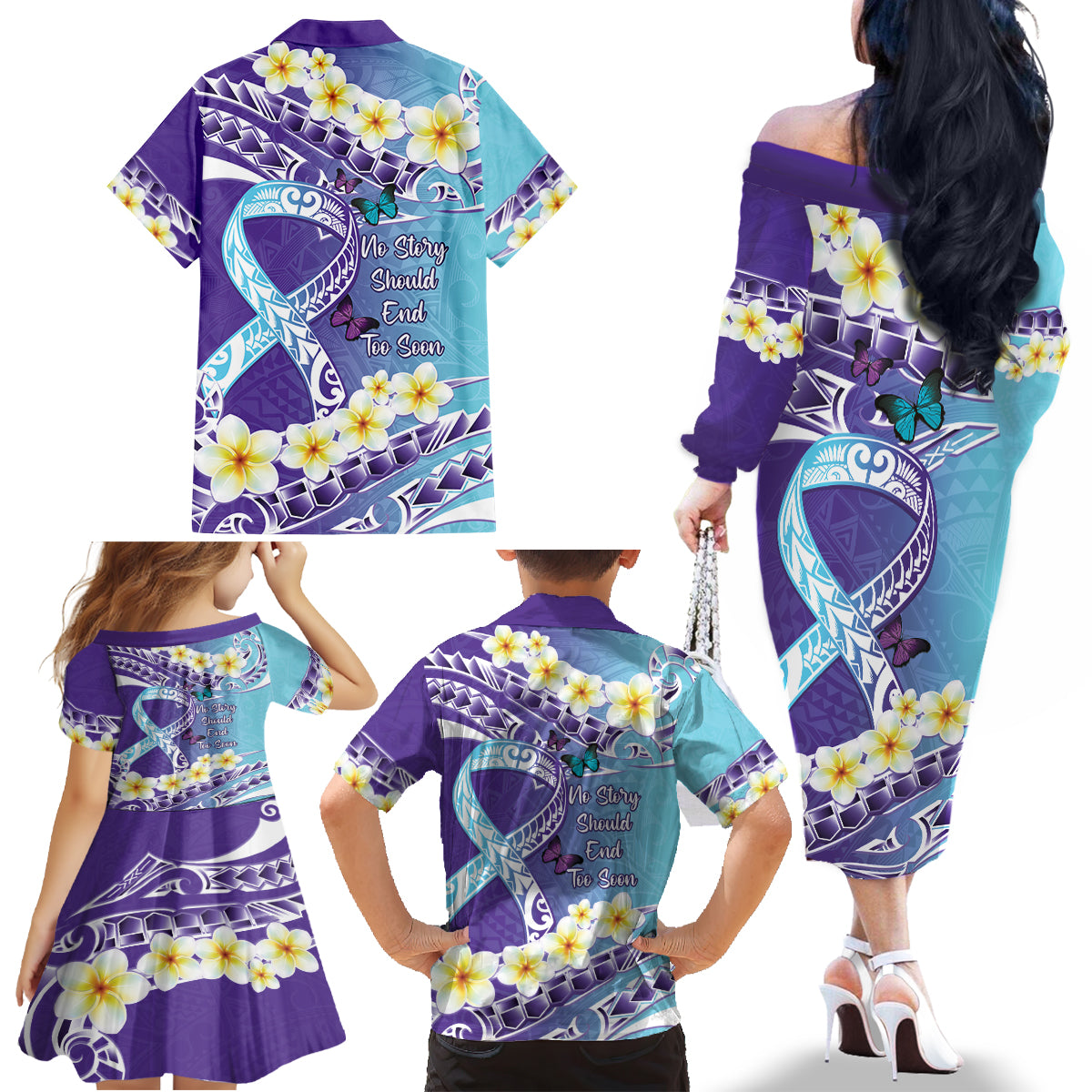 No Story Should End Too Soon Suicide Awareness Family Matching Off The Shoulder Long Sleeve Dress and Hawaiian Shirt Purple And Teal Polynesian Ribbon LT14 - Polynesian Pride