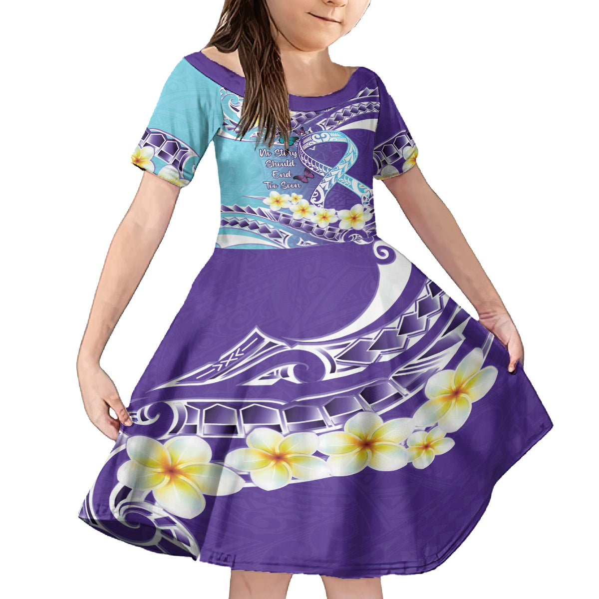 No Story Should End Too Soon Suicide Awareness Family Matching Off Shoulder Maxi Dress and Hawaiian Shirt Purple And Teal Polynesian Ribbon LT14 Daughter's Dress Purple - Polynesian Pride