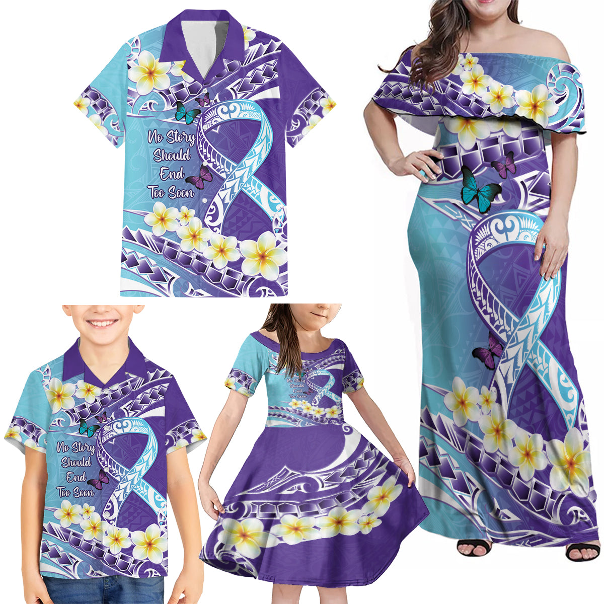 No Story Should End Too Soon Suicide Awareness Family Matching Off Shoulder Maxi Dress and Hawaiian Shirt Purple And Teal Polynesian Ribbon LT14 - Polynesian Pride