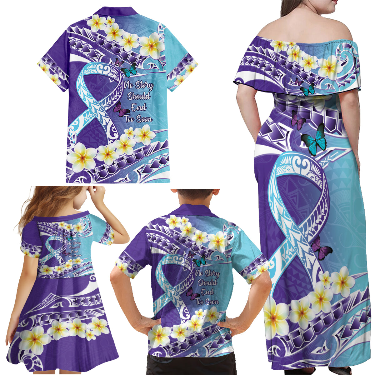 No Story Should End Too Soon Suicide Awareness Family Matching Off Shoulder Maxi Dress and Hawaiian Shirt Purple And Teal Polynesian Ribbon LT14 - Polynesian Pride