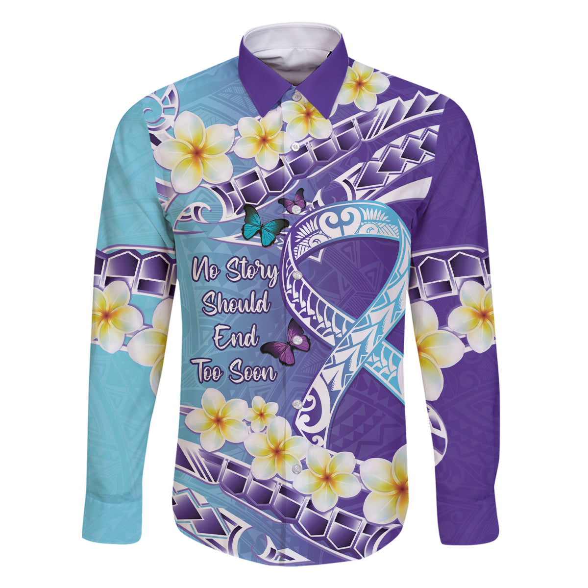 No Story Should End Too Soon Suicide Awareness Family Matching Off Shoulder Maxi Dress and Hawaiian Shirt Purple And Teal Polynesian Ribbon LT14 Dad's Shirt - Long Sleeve Purple - Polynesian Pride