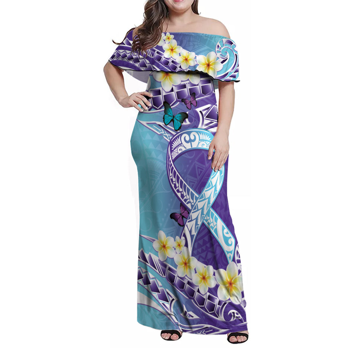No Story Should End Too Soon Suicide Awareness Family Matching Off Shoulder Maxi Dress and Hawaiian Shirt Purple And Teal Polynesian Ribbon LT14 Mom's Dress Purple - Polynesian Pride