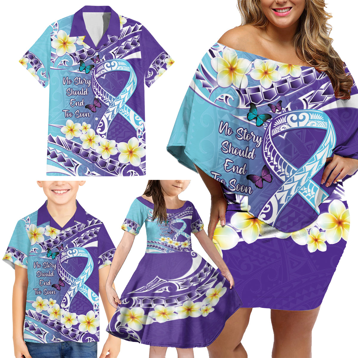 No Story Should End Too Soon Suicide Awareness Family Matching Off Shoulder Short Dress and Hawaiian Shirt Purple And Teal Polynesian Ribbon LT14 - Polynesian Pride