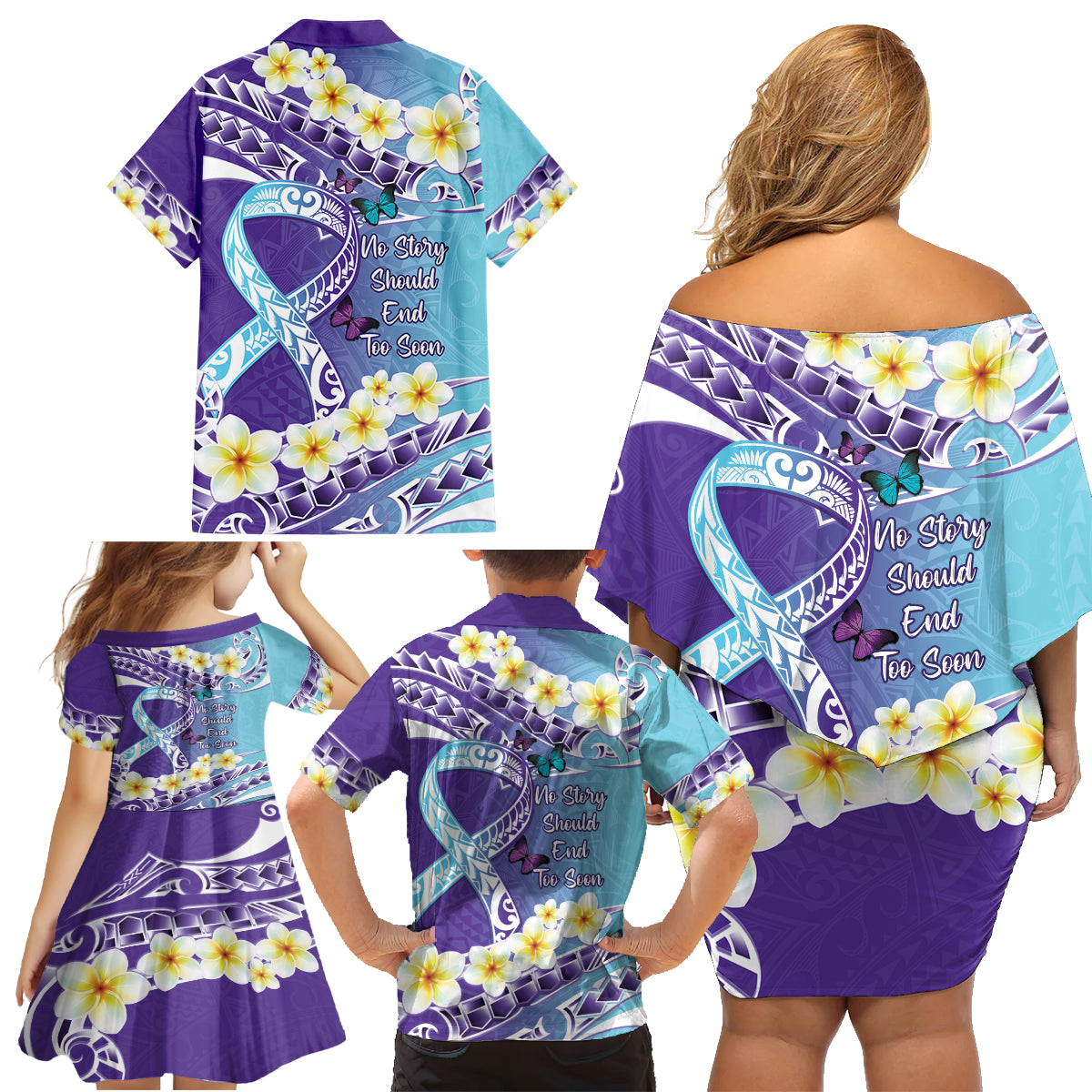 No Story Should End Too Soon Suicide Awareness Family Matching Off Shoulder Short Dress and Hawaiian Shirt Purple And Teal Polynesian Ribbon LT14 - Polynesian Pride