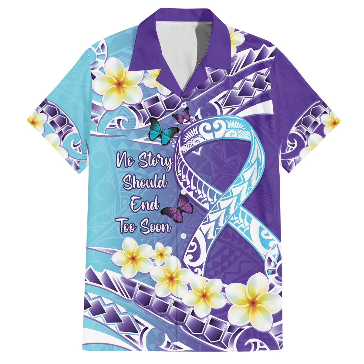 No Story Should End Too Soon Suicide Awareness Family Matching Off Shoulder Short Dress and Hawaiian Shirt Purple And Teal Polynesian Ribbon LT14 Dad's Shirt - Short Sleeve Purple - Polynesian Pride