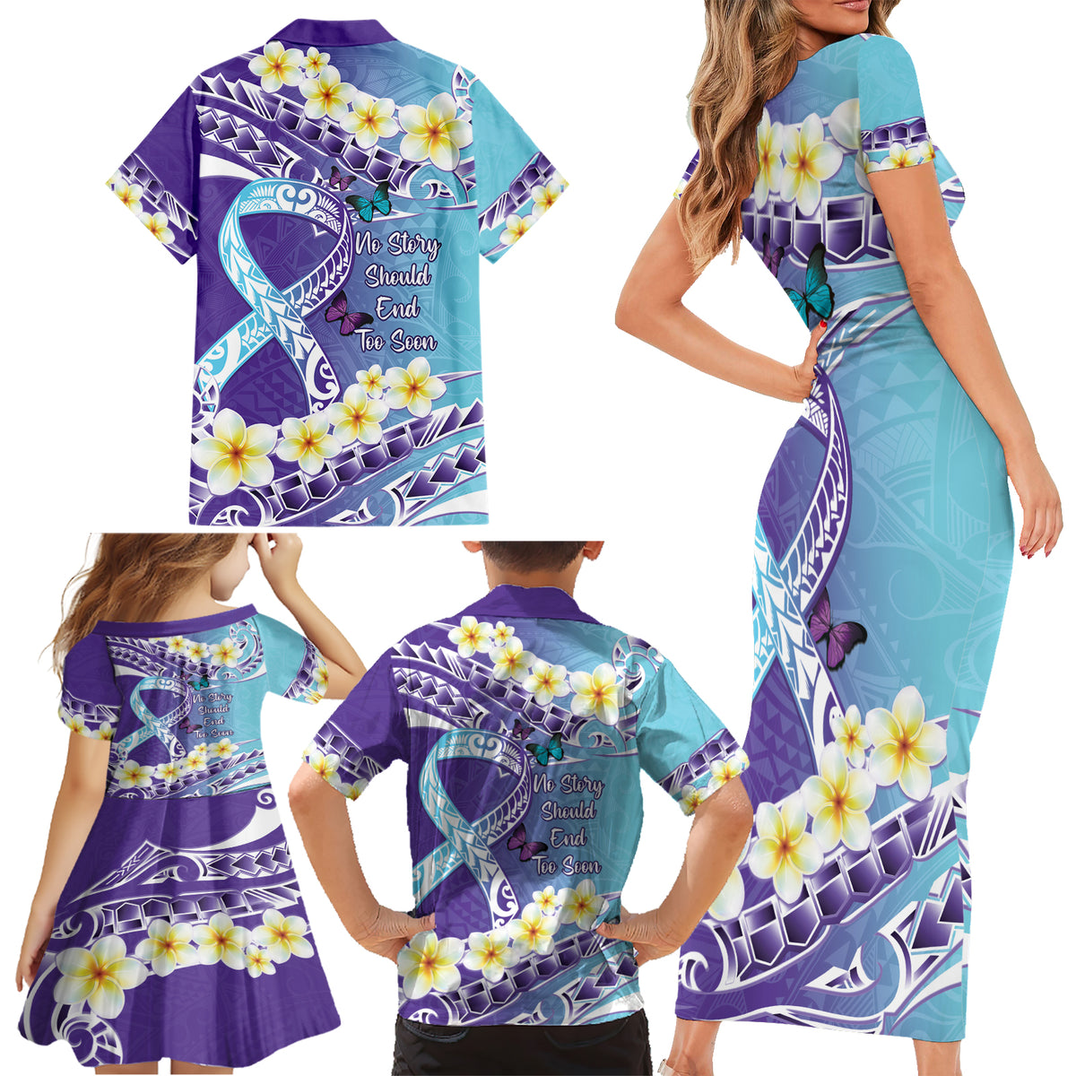 No Story Should End Too Soon Suicide Awareness Family Matching Short Sleeve Bodycon Dress and Hawaiian Shirt Purple And Teal Polynesian Ribbon LT14 - Polynesian Pride