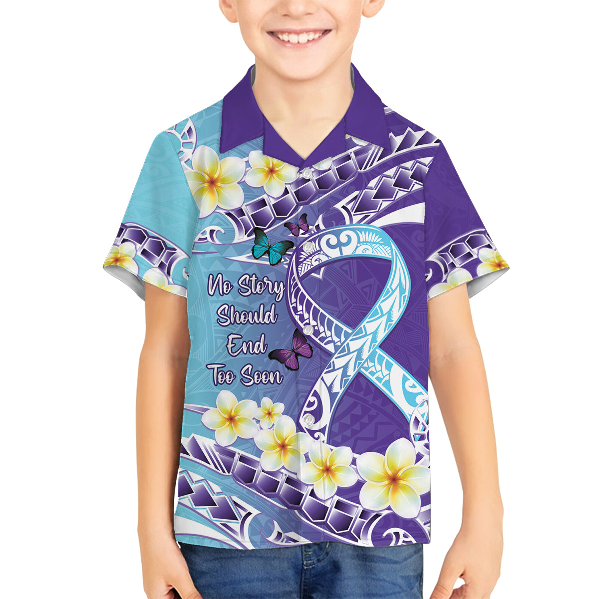 No Story Should End Too Soon Suicide Awareness Family Matching Summer Maxi Dress and Hawaiian Shirt Purple And Teal Polynesian Ribbon LT14 Son's Shirt Purple - Polynesian Pride