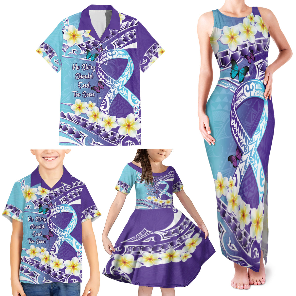 No Story Should End Too Soon Suicide Awareness Family Matching Tank Maxi Dress and Hawaiian Shirt Purple And Teal Polynesian Ribbon LT14 - Polynesian Pride