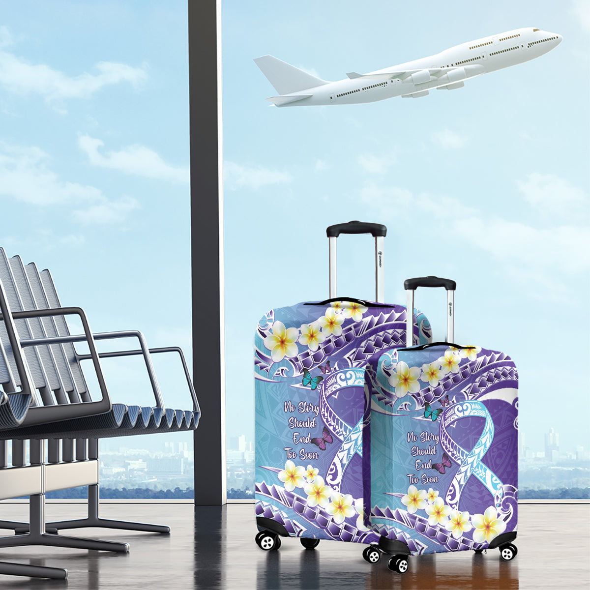 No Story Should End Too Soon Suicide Awareness Luggage Cover Purple And Teal Polynesian Ribbon