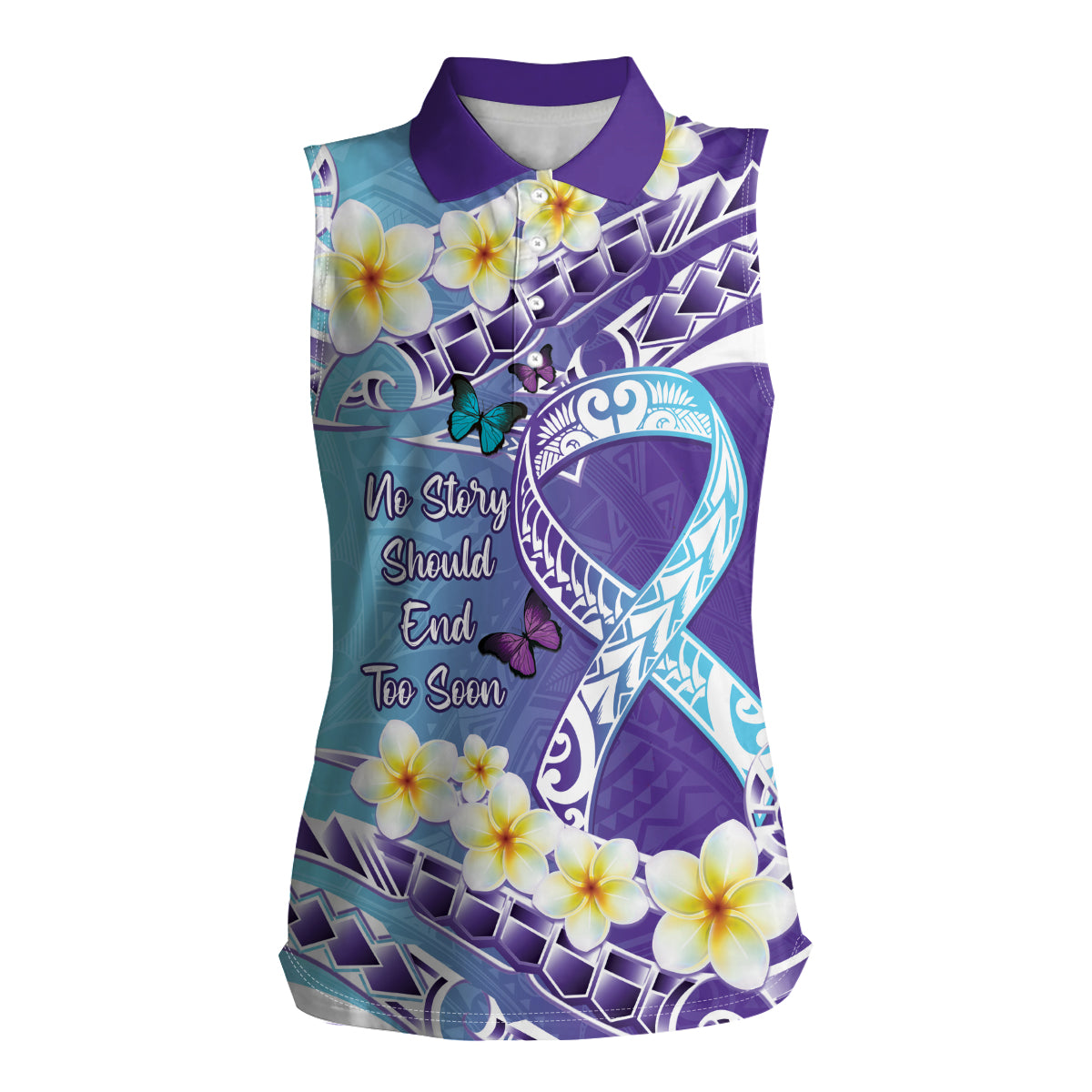 No Story Should End Too Soon Suicide Awareness Women Sleeveless Polo Shirt Purple And Teal Polynesian Ribbon LT14 Female Purple - Polynesian Pride