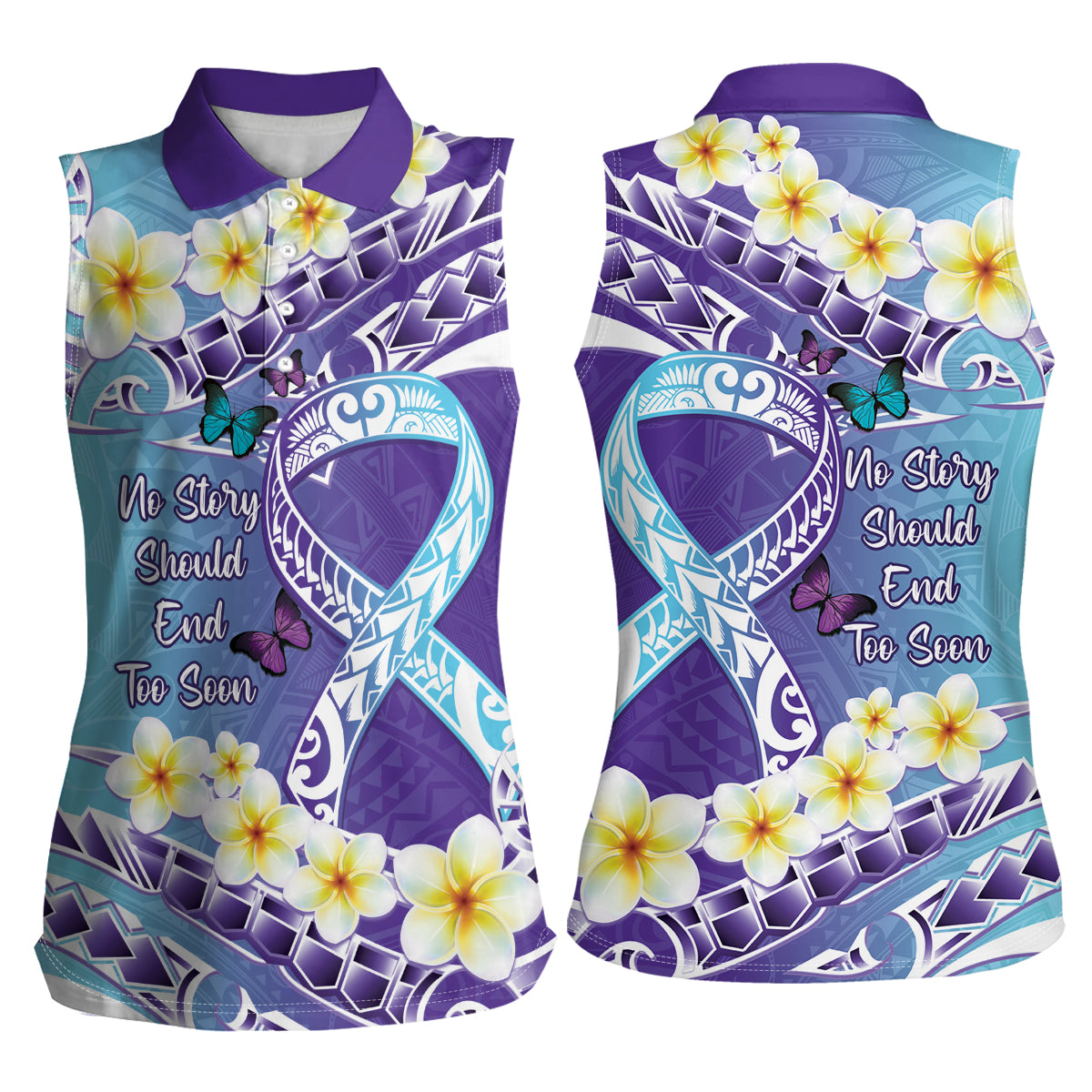 No Story Should End Too Soon Suicide Awareness Women Sleeveless Polo Shirt Purple And Teal Polynesian Ribbon LT14 - Polynesian Pride