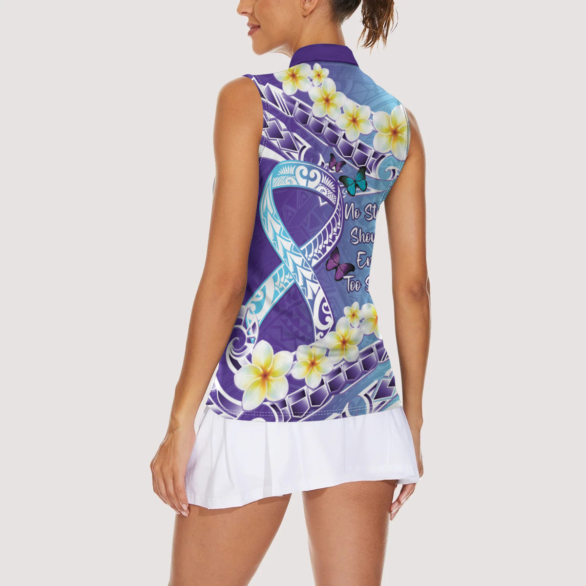 No Story Should End Too Soon Suicide Awareness Women Sleeveless Polo Shirt Purple And Teal Polynesian Ribbon LT14 - Polynesian Pride