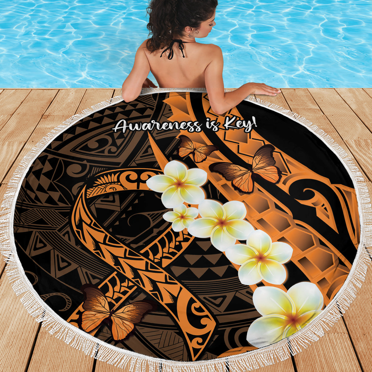 Liver Cancer Awareness Month Beach Blanket Awareness Is Key Orange Polynesian Ribbon LT14 - Polynesian Pride