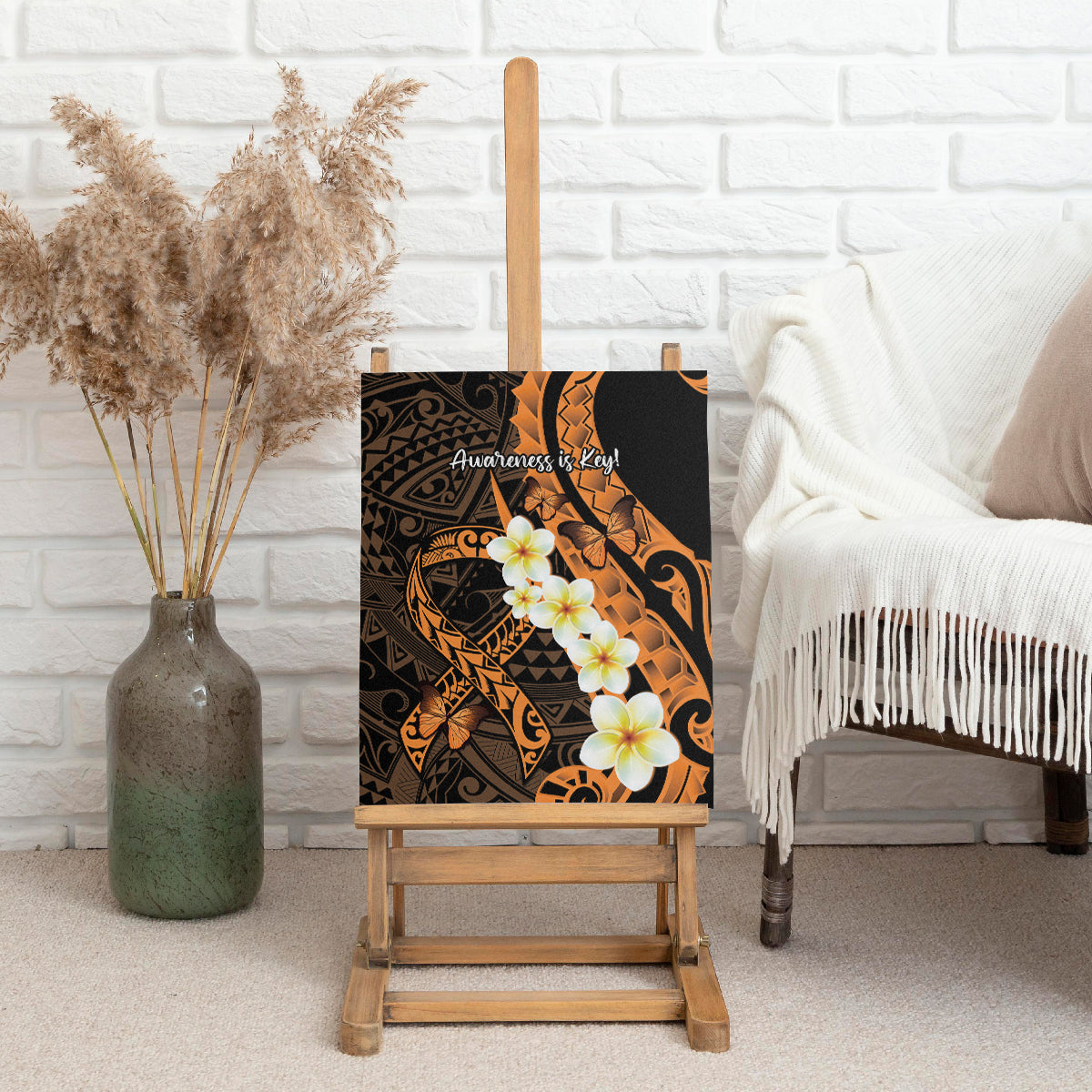 Liver Cancer Awareness Month Canvas Wall Art Awareness Is Key Orange Polynesian Ribbon