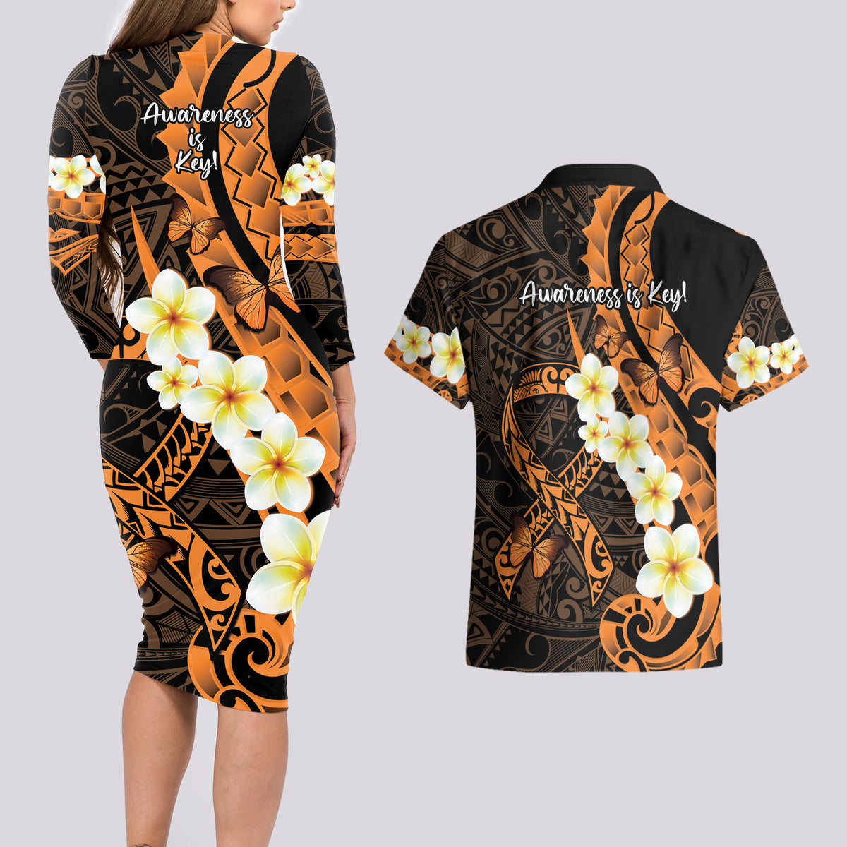 Liver Cancer Awareness Month Couples Matching Long Sleeve Bodycon Dress and Hawaiian Shirt Awareness Is Key Orange Polynesian Ribbon LT14 - Polynesian Pride