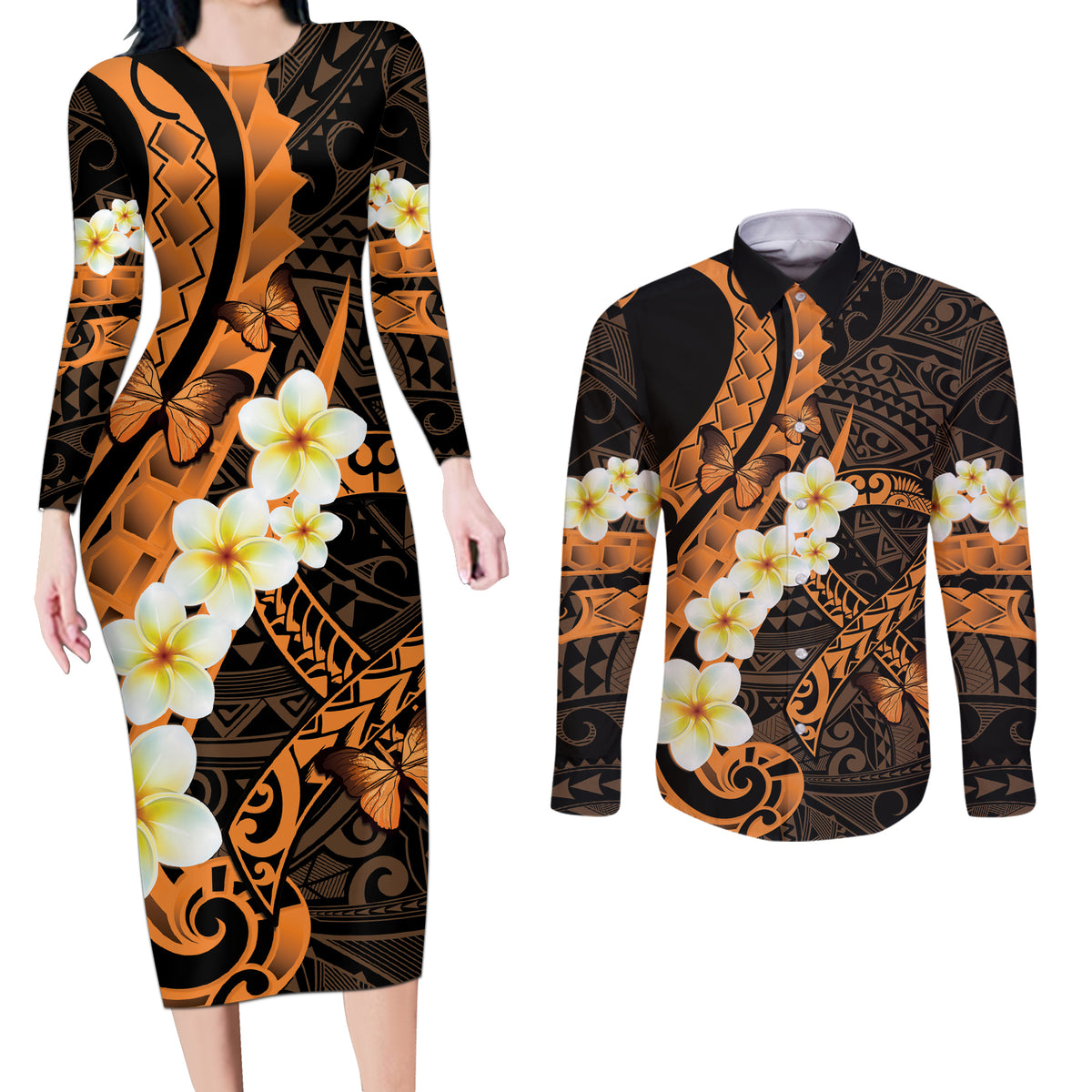 Liver Cancer Awareness Month Couples Matching Long Sleeve Bodycon Dress and Long Sleeve Button Shirt Awareness Is Key Orange Polynesian Ribbon LT14 Orange - Polynesian Pride