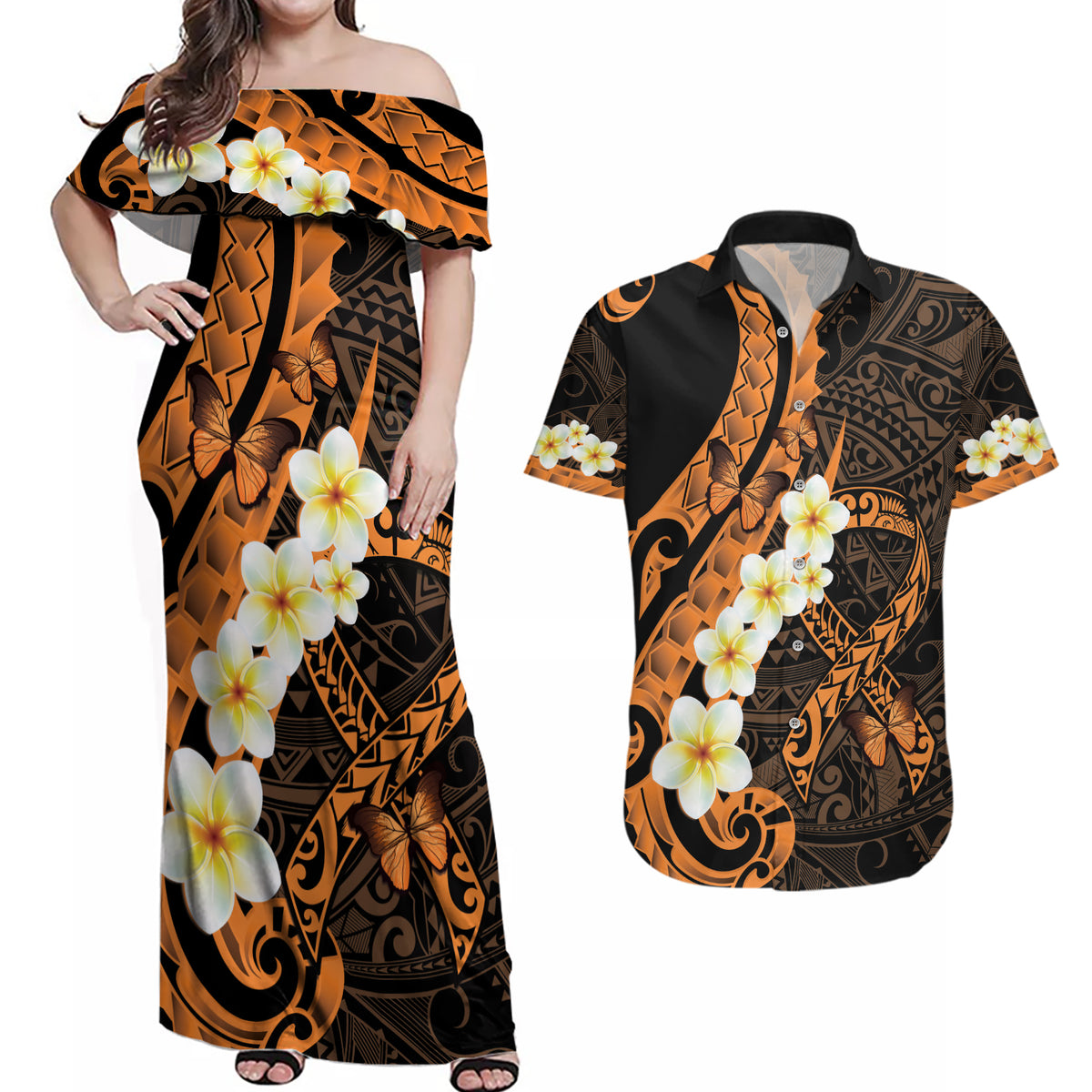 Liver Cancer Awareness Month Couples Matching Off Shoulder Maxi Dress and Hawaiian Shirt Awareness Is Key Orange Polynesian Ribbon LT14 Orange - Polynesian Pride