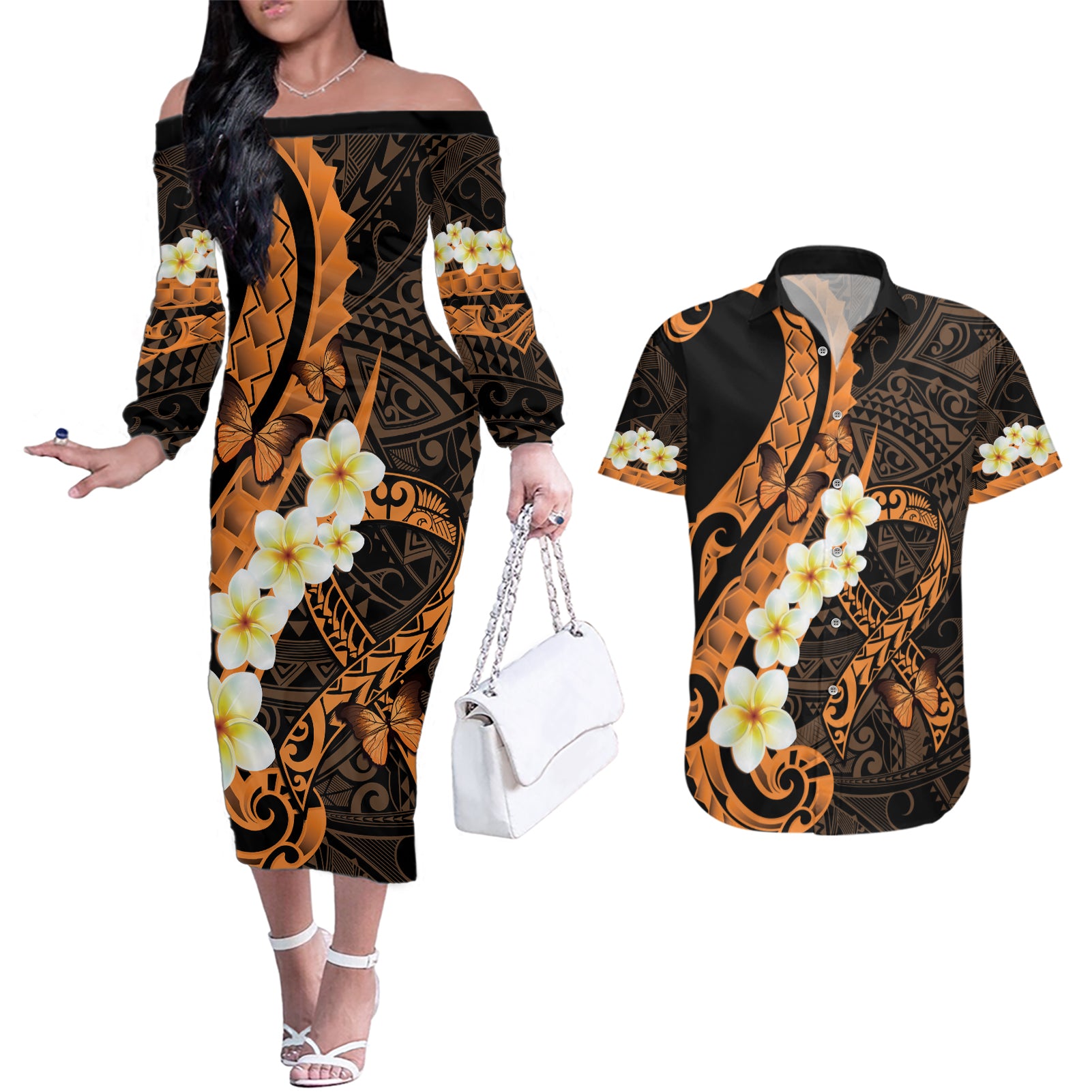 Liver Cancer Awareness Month Couples Matching Off The Shoulder Long Sleeve Dress and Hawaiian Shirt Awareness Is Key Orange Polynesian Ribbon