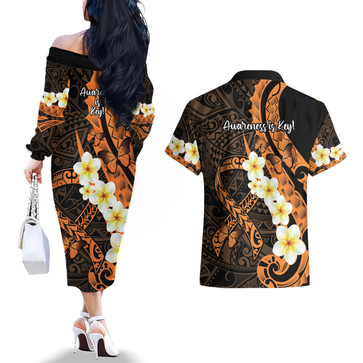 Liver Cancer Awareness Month Couples Matching Off The Shoulder Long Sleeve Dress and Hawaiian Shirt Awareness Is Key Orange Polynesian Ribbon LT14 - Polynesian Pride