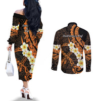 Liver Cancer Awareness Month Couples Matching Off The Shoulder Long Sleeve Dress and Long Sleeve Button Shirt Awareness Is Key Orange Polynesian Ribbon LT14 - Polynesian Pride